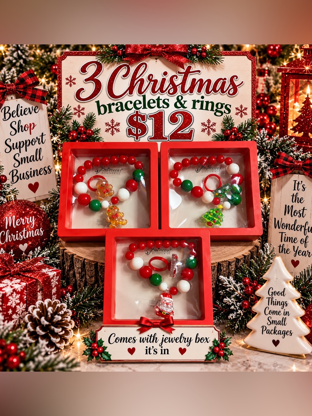 3-Christmas Bracelet & Ring Sets- comes with jewelry boxes